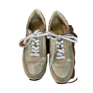 Michael Kors Stanton Metallic Leather Trainer Gold and Tan/Beige Sneakers Women'